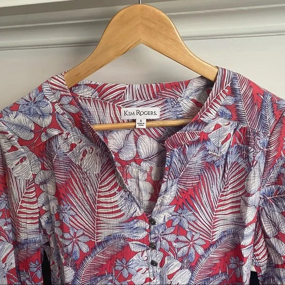NWOT Tropical KIM ROGERS Roll Tab POPOVER Palm FLORAL BLOUSE Shirt TUNIC Top S - Picture 2 of 12